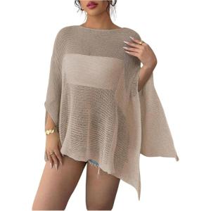imageMakeMeChic Womens Mesh Sheer Poncho Top Crochet Knit Asymmetric Shawl Summer Beach Cover UpKhaki