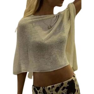 imageMakeMeChic Womens Mesh Sheer Poncho Top Crochet Knit Asymmetric Shawl Summer Beach Cover UpSolid Apricot