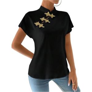 imageMakeMeChic Womens Mock Neck Cheongsam Tops Buckle Short Sleeve Blouse Shirt TopsBlack