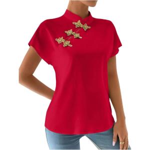 imageMakeMeChic Womens Mock Neck Cheongsam Tops Buckle Short Sleeve Blouse Shirt TopsRed