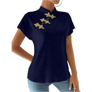 imageMakeMeChic Womens Mock Neck Cheongsam Tops Buckle Short Sleeve Blouse Shirt TopsRoyal Blue