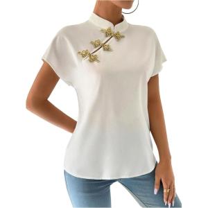 imageMakeMeChic Womens Mock Neck Cheongsam Tops Buckle Short Sleeve Blouse Shirt TopsWhite