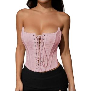 imageMakeMeChic Womens Renaissance Corset Tops Shapewear Bustier Lace Up Floral Embroidery Y2K Strapless Overbust TopPink