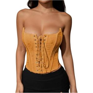 imageMakeMeChic Womens Renaissance Corset Tops Shapewear Bustier Lace Up Floral Embroidery Y2K Strapless Overbust TopYellow