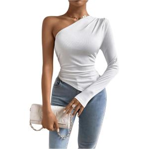imageMakeMeChic Womens Rib Knit One Shoulder Ruched Tee Tops Asymmetrical Long Sleeve Slim Fitted T ShirtsWhite
