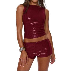 imageMakeMeChic Womens Sequin Sparkly Tank Crew Neck Sleeveless Party Crop Tops ClubwearBurgundy