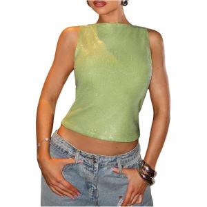 imageMakeMeChic Womens Sequin Sparkly Tank Crew Neck Sleeveless Party Crop Tops ClubwearGreen