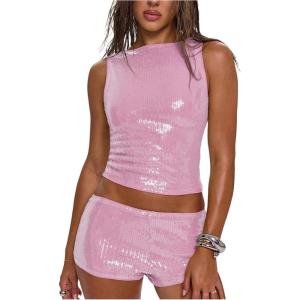 imageMakeMeChic Womens Sequin Sparkly Tank Crew Neck Sleeveless Party Crop Tops ClubwearPink