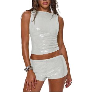 imageMakeMeChic Womens Sequin Sparkly Tank Crew Neck Sleeveless Party Crop Tops ClubwearWhite B