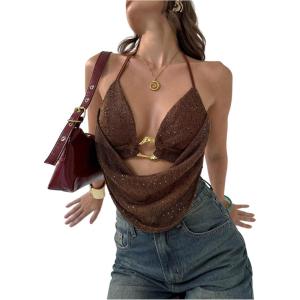 imageMakeMeChic Womens Sexy Halter Top Open Back Going Out Tops Cowl Neck Festival Rave TopBrown Crochet