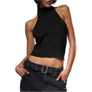 imageMakeMeChic Womens Sleeveless Mock Neck Sweater Tops Open Back Knit Crop Halter TopBlack