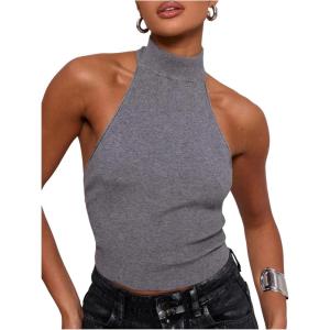 imageMakeMeChic Womens Sleeveless Mock Neck Sweater Tops Open Back Knit Crop Halter TopGrey