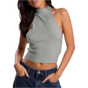 imageMakeMeChic Womens Sleeveless Mock Neck Sweater Tops Open Back Knit Crop Halter TopLight Grey