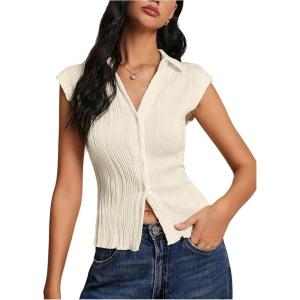 imageMakeMeChic Womens Textured Cap Sleeve Collared Slim Fit Button Down Shirt Tee TopsApricot