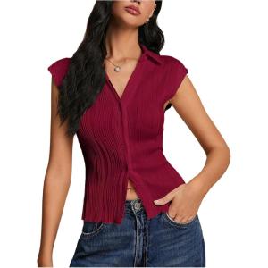 imageMakeMeChic Womens Textured Cap Sleeve Collared Slim Fit Button Down Shirt Tee TopsBurgundy