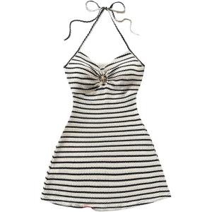 imageMakeMeChic Womens Textured Halter Dress Metal Starfish Backless Cut Out Summer Mini DressesBlack and White