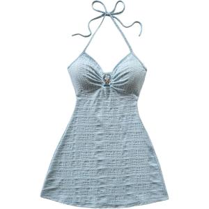imageMakeMeChic Womens Textured Halter Dress Metal Starfish Backless Cut Out Summer Mini DressesBlue
