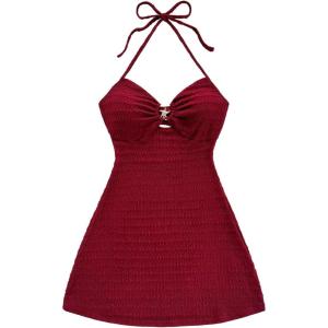imageMakeMeChic Womens Textured Halter Dress Metal Starfish Backless Cut Out Summer Mini DressesBurgundy