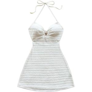 imageMakeMeChic Womens Textured Halter Dress Metal Starfish Backless Cut Out Summer Mini DressesWhite