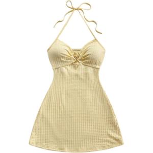 imageMakeMeChic Womens Textured Halter Dress Metal Starfish Backless Cut Out Summer Mini DressesYellow