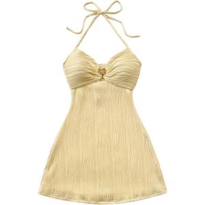 imageMakeMeChic Womens Textured Halter Dress Metal Starfish Backless Cut Out Summer Mini DressesYellow B