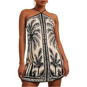 imageMakeMeChic Womens Tropical Print Halter Dress Tie Backless Spaghetti Strap Boho Short DressesApricot