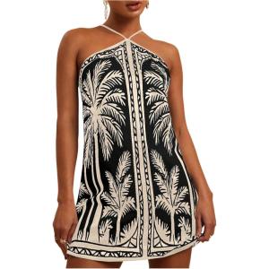 imageMakeMeChic Womens Tropical Print Halter Dress Tie Backless Spaghetti Strap Boho Short DressesBlack
