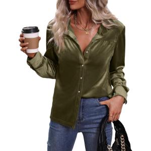 imageMakeMeChic Womens Velvet Button Down Blouse Long Sleeve Button Up ShirtArmy Green