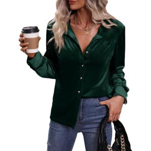imageMakeMeChic Womens Velvet Button Down Blouse Long Sleeve Button Up ShirtDark Green