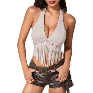 imageMakeMeChic Womens Western Cowgirl Fringe Faux Suede Halter Tops Tie Backless Sleeveless Rodeo Concert OutfitsApricot