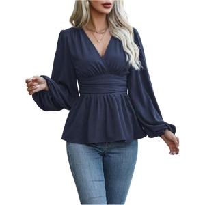 imageMakeMeChic Womens Wrap Blouse V Neck Long Sleeve Ruffle Blouses Work Going Out TopsBlue