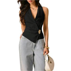 imageMakeMeChic Womens Wrap V Neck Blouse Sleeveless Vest Tops Tie Back Old Money Elegant Office ShirtBlack