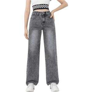 imageMakeMeChic Girls Denim Pants High Waisted Straight Leg Jeans with PocketsDark Grey