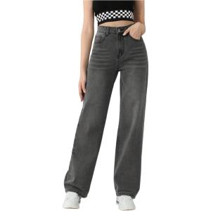 imageMakeMeChic Girls Denim Pants High Waisted Straight Leg Jeans with PocketsGrey