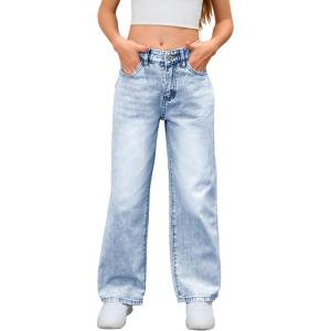 imageMakeMeChic Girls Denim Pants High Waisted Straight Leg Jeans with PocketsLight Wash