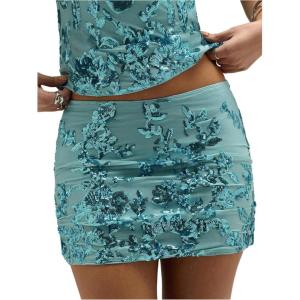 imageMakeMeChic Womens Sequin Sparkly Skirt Mini Micro Glitter Y2k Low Rise Summer SkirtBlue Floral Sequin