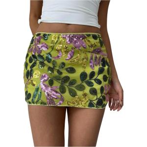 imageMakeMeChic Womens Sequin Sparkly Skirt Mini Micro Glitter Y2k Low Rise Summer SkirtGreen Floral Sequin