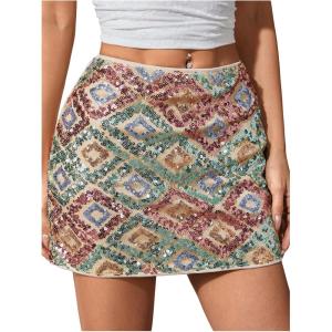 imageMakeMeChic Womens Sequin Sparkly Skirt Mini Micro Glitter Y2k Low Rise Summer SkirtMulticolor