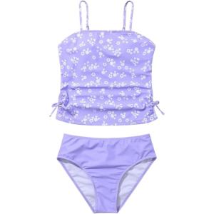 imageMakeMeChic Girls Tankini Sets Floral Print Ruched Knot Side Summer Bathing SuitPurple