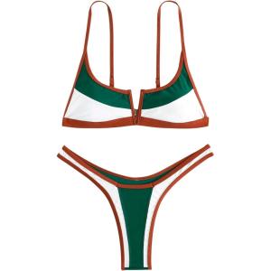 imageMakeMeChic Womens Colorblock Bikini Set VWired Spaghetti Strap High Cut Bathing Suit SwimsuitsGreen