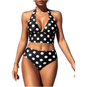 imageMakeMeChic Womens Polka Dots Tankini Bathing Suits Halter Tie Backless Beach SwimsuitsBlack