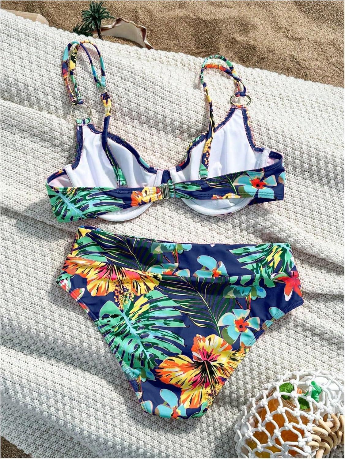 imageMakeMeChic Womens 2 Piece Floral Bikini Set Ring Linked Underwire High Waist Bathing Suit SwimsuitBlue