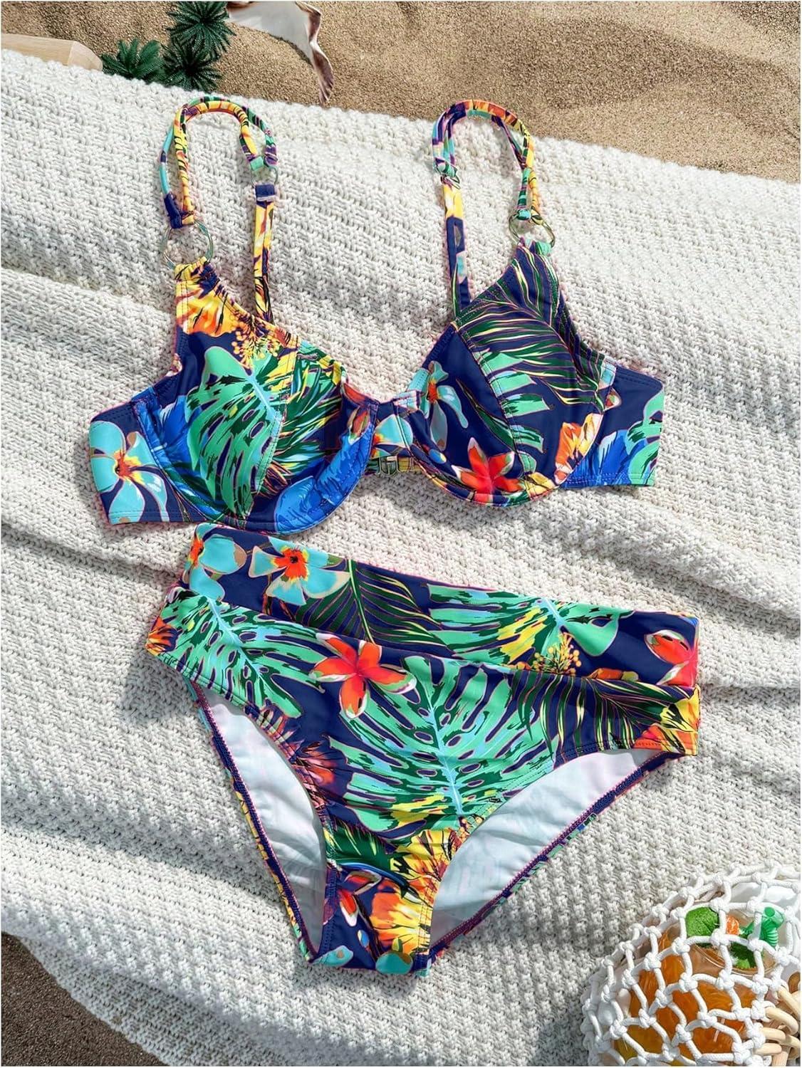 imageMakeMeChic Womens 2 Piece Floral Bikini Set Ring Linked Underwire High Waist Bathing Suit SwimsuitBlue