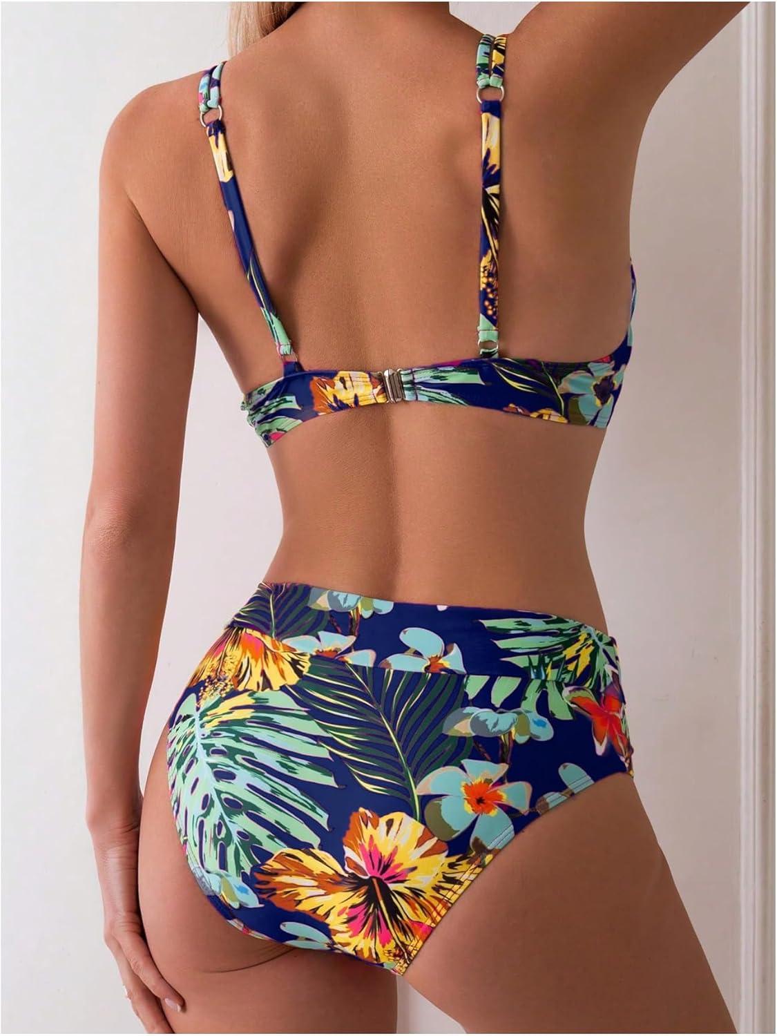 imageMakeMeChic Womens 2 Piece Floral Bikini Set Ring Linked Underwire High Waist Bathing Suit SwimsuitBlue