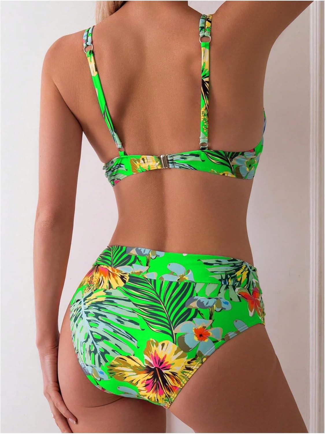 imageMakeMeChic Womens 2 Piece Floral Bikini Set Ring Linked Underwire High Waist Bathing Suit SwimsuitGreen