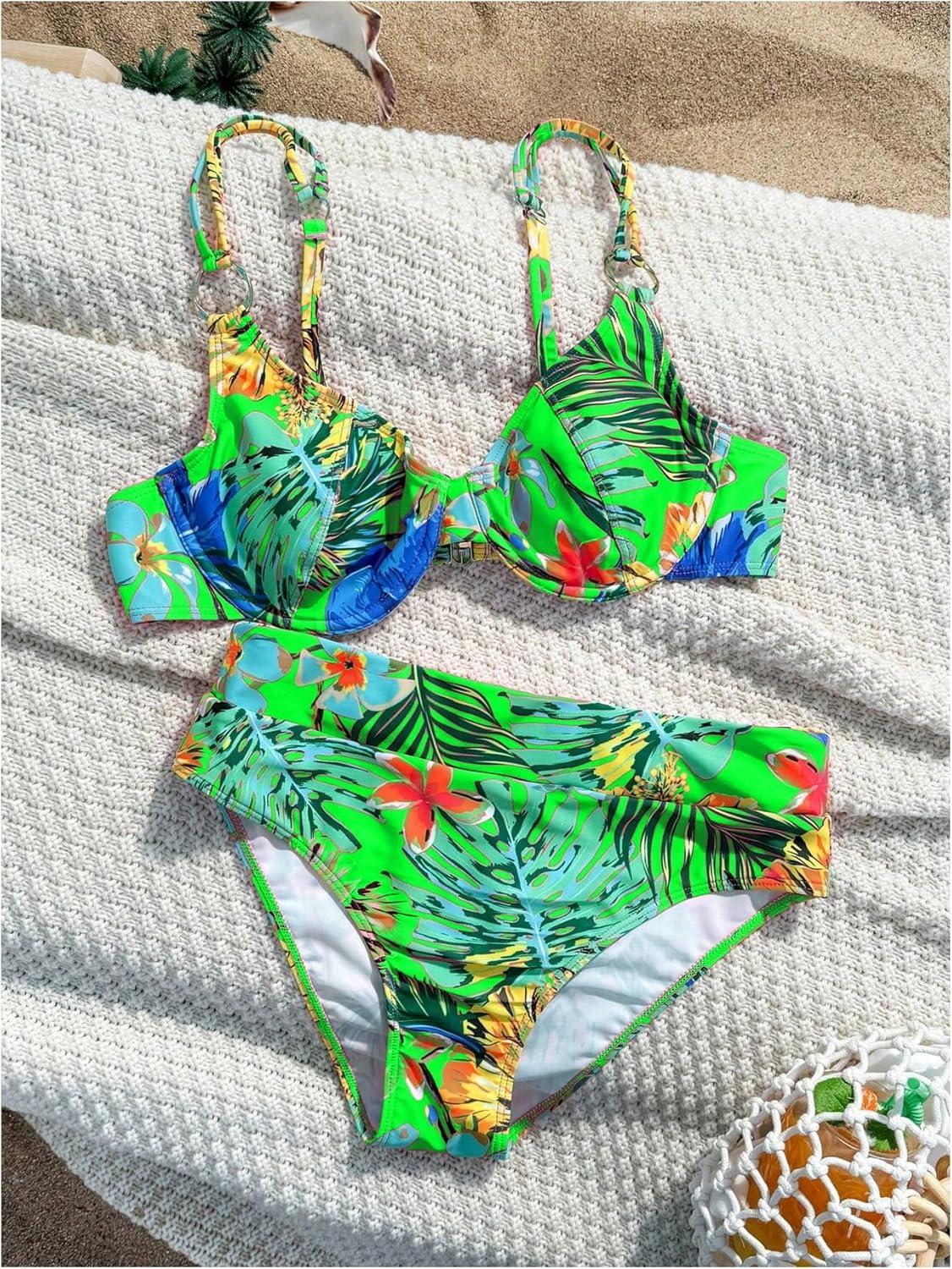 imageMakeMeChic Womens 2 Piece Floral Bikini Set Ring Linked Underwire High Waist Bathing Suit SwimsuitGreen
