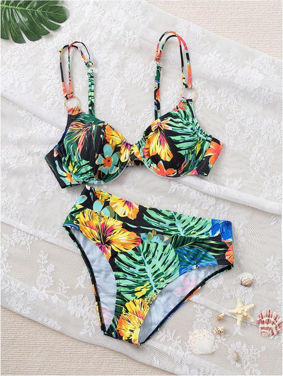 imageMakeMeChic Womens 2 Piece Floral Bikini Set Ring Linked Underwire High Waist Bathing Suit SwimsuitGreen a