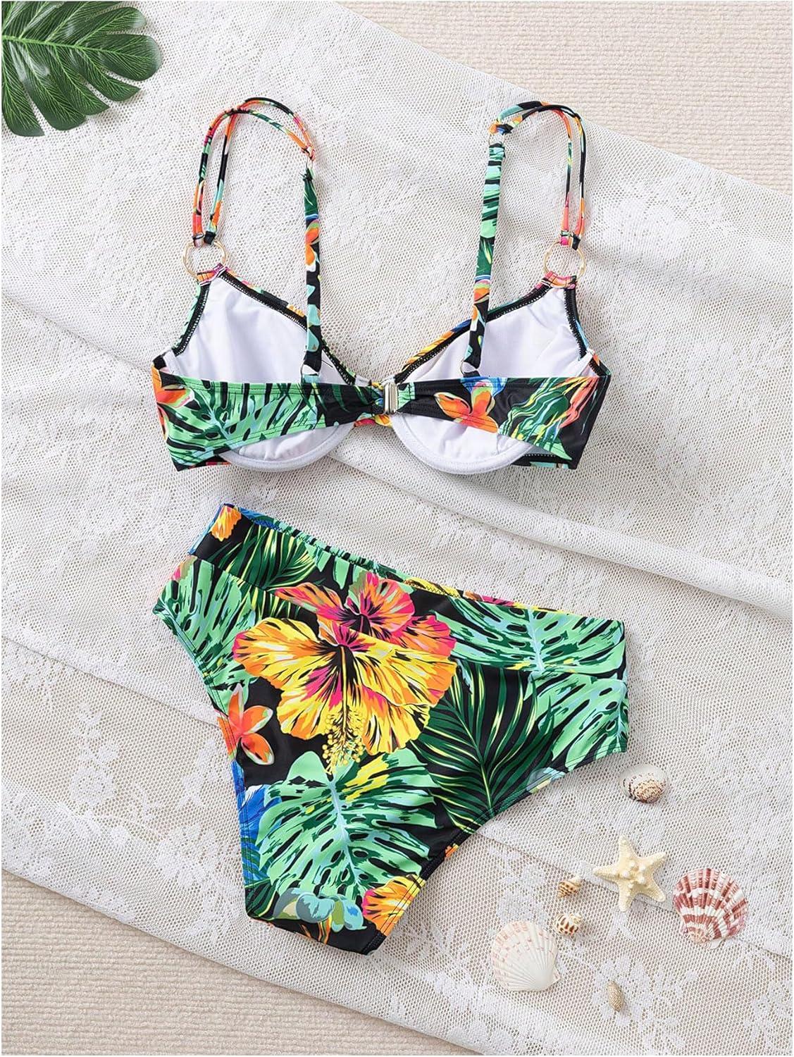 imageMakeMeChic Womens 2 Piece Floral Bikini Set Ring Linked Underwire High Waist Bathing Suit SwimsuitGreen a