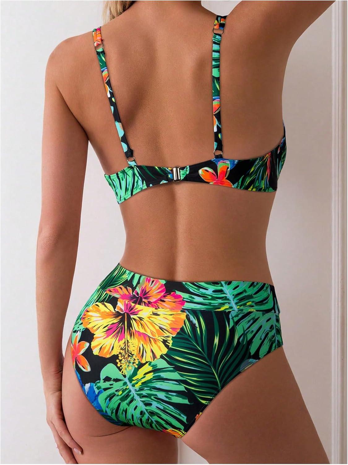imageMakeMeChic Womens 2 Piece Floral Bikini Set Ring Linked Underwire High Waist Bathing Suit SwimsuitGreen a
