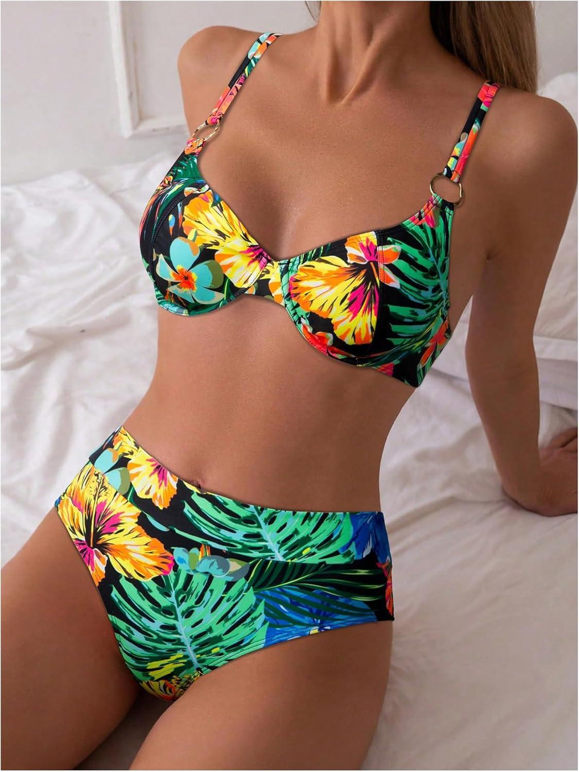 imageMakeMeChic Womens 2 Piece Floral Bikini Set Ring Linked Underwire High Waist Bathing Suit SwimsuitGreen a
